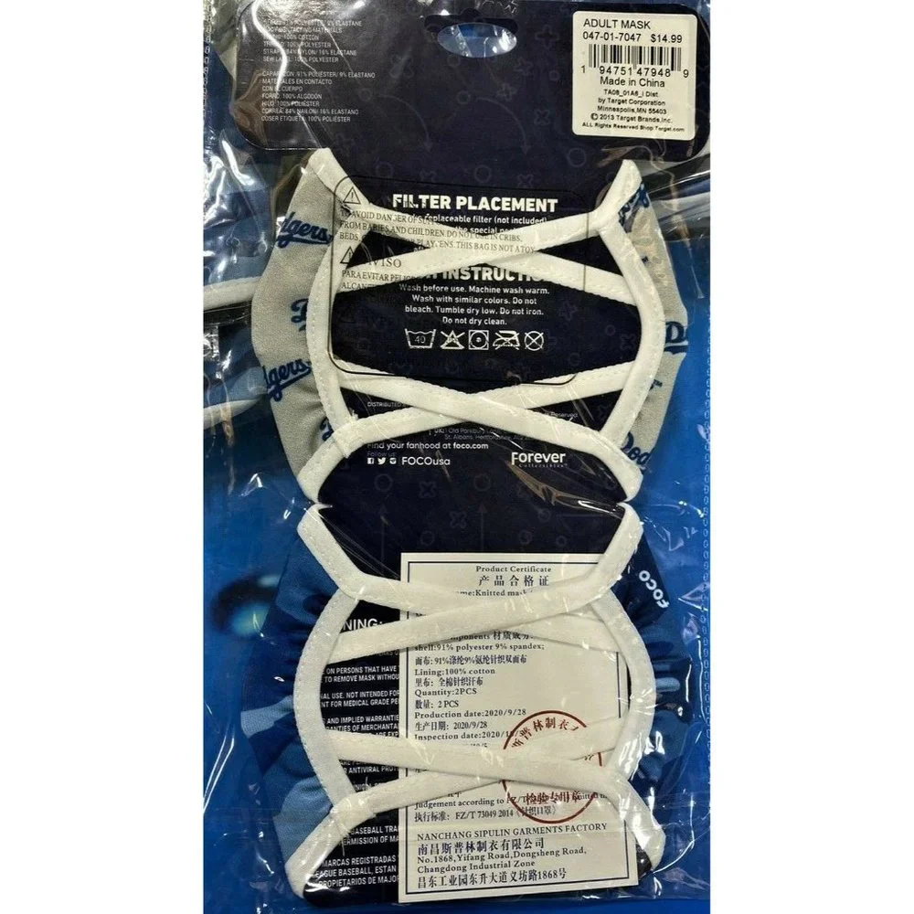 Los Angeles Dodgers Face Mask Washable Reusable 2 Pack Adj Official by Foco NEW
